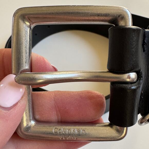 Calvin Klein Jeans Mens Leather Belt with Keeper Ring Medium 34 36 Black Silver - Picture 8 of 15